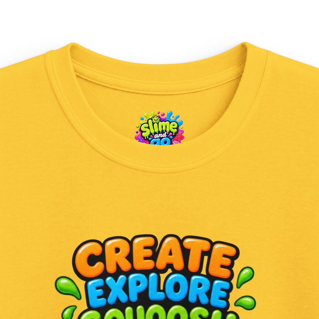 Kids Tee — "Create Explore Squoosh Repeat" Cute Slime Graphic