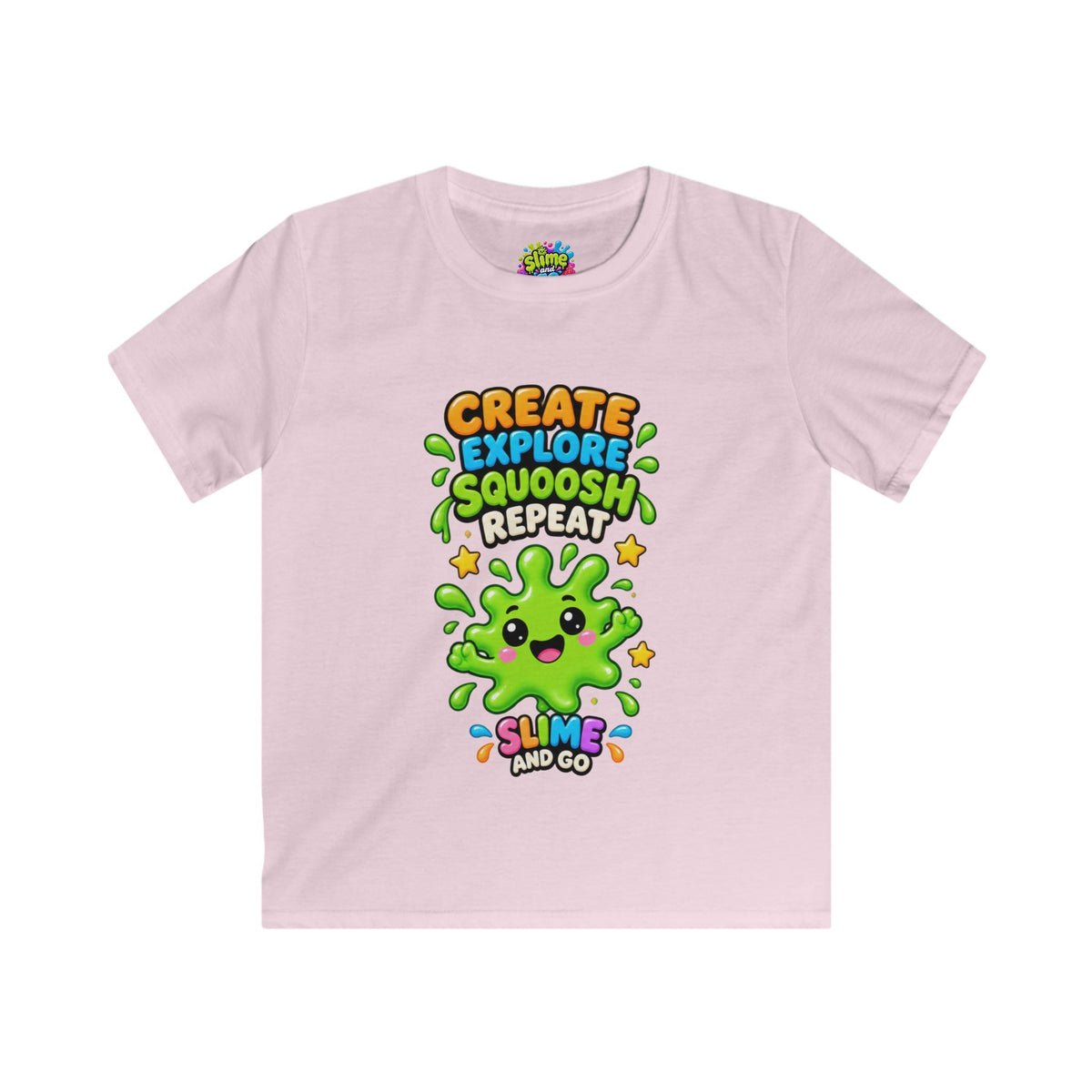 Kids Tee — "Create Explore Squoosh Repeat" Cute Slime Graphic