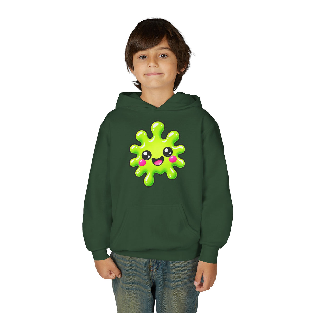 Youth Hoodie — Cute Kawaii Green Slime Splash Graphic