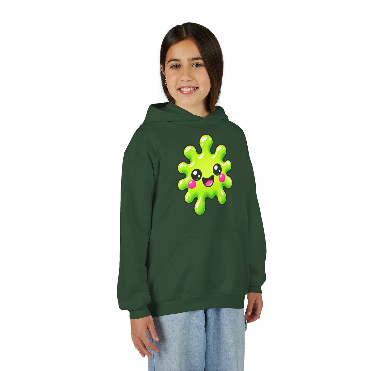Youth Hoodie — Cute Kawaii Green Slime Splash Graphic