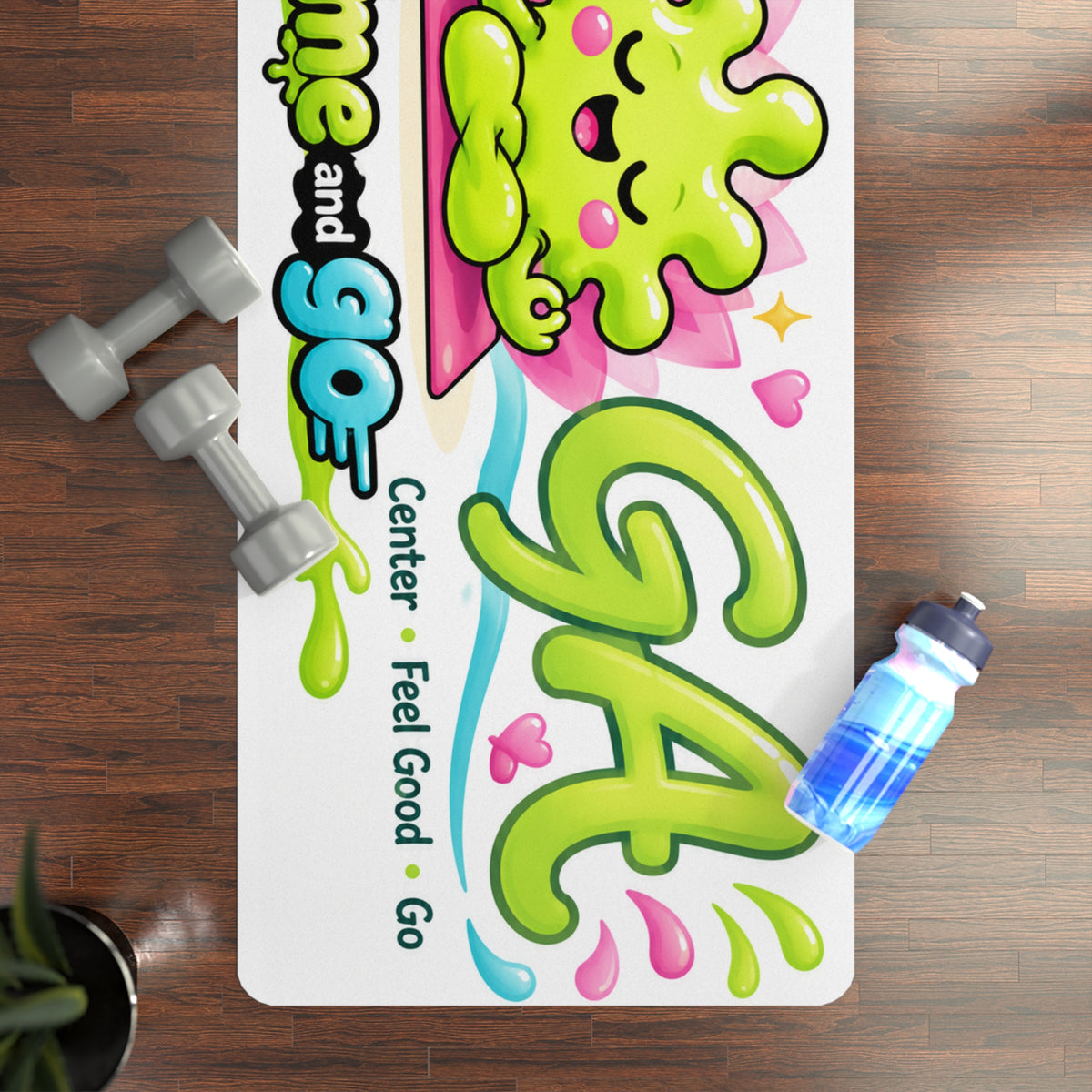 Cute Slime Yoga Mat — Non-Slip Rubber Mat with 'Slime and Go' Cartoon Design