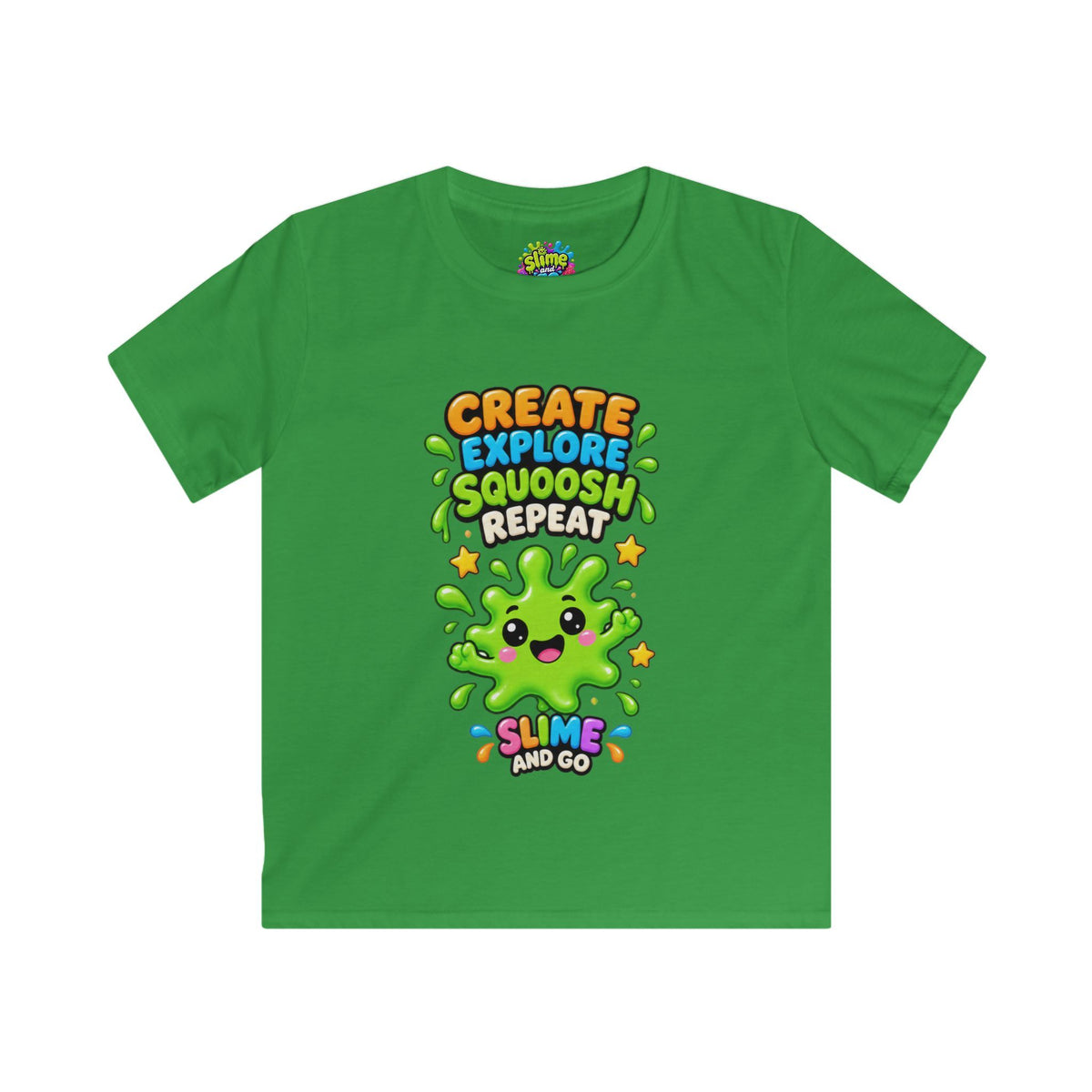 Kids Tee — "Create Explore Squoosh Repeat" Cute Slime Graphic