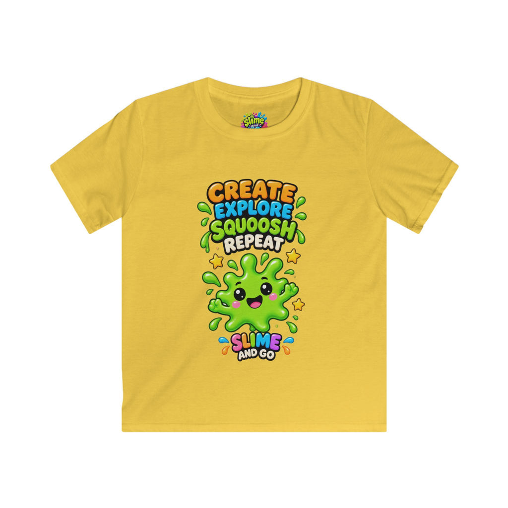 Kids Tee — "Create Explore Squoosh Repeat" Cute Slime Graphic