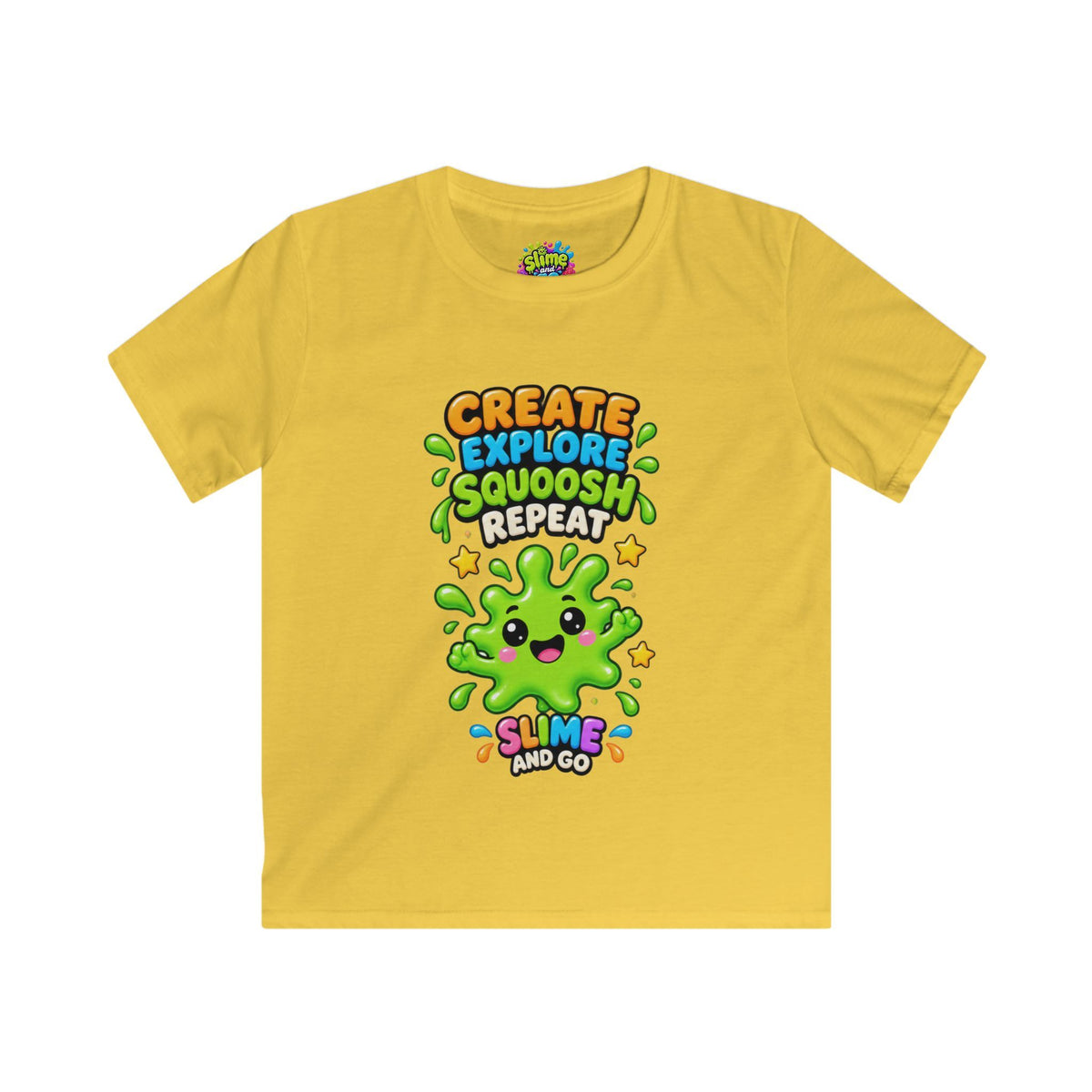 Kids Tee — "Create Explore Squoosh Repeat" Cute Slime Graphic